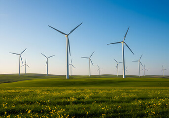 Wind Turbines on Green Hills with Blue Sky