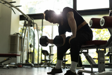 Strong male athlete lifting heavy dumbbell during intense arm workout in modern gym, focused on...