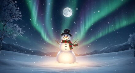 Smiling snowman glowing under a vibrant aurora borealis and bright full moon in a serene winter wonderland scene.