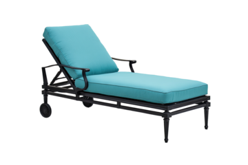 Dark gray metal outdoor chaise lounge with teal cushions