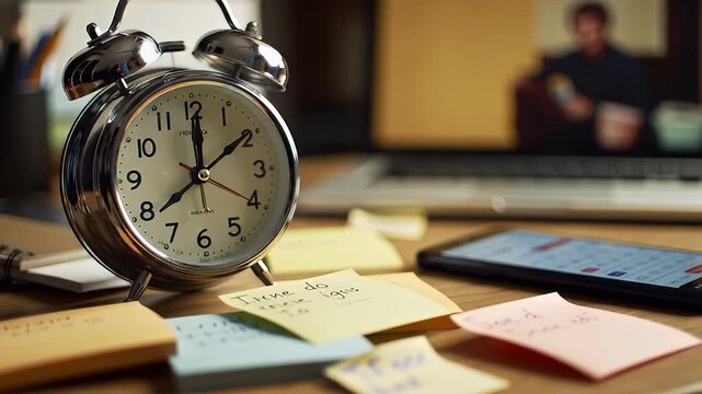 Retro Alarm Clock On A Messy Desk With Sticky Notes And Smartphone In Soft Morning Light