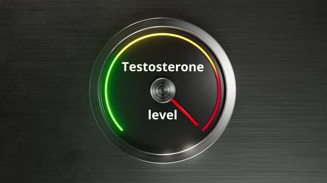 Realistic testosterone level gauge animation from low to high with metallic dial and glowing arc changing green to yellow to red. Perfect for hormone, strength, men health projects