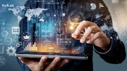 Data science. Man programmer using digital tablet computer analyzing and develop software on futuristic virtual interface screen. Algorithm. digital marketing, big data analysis and management