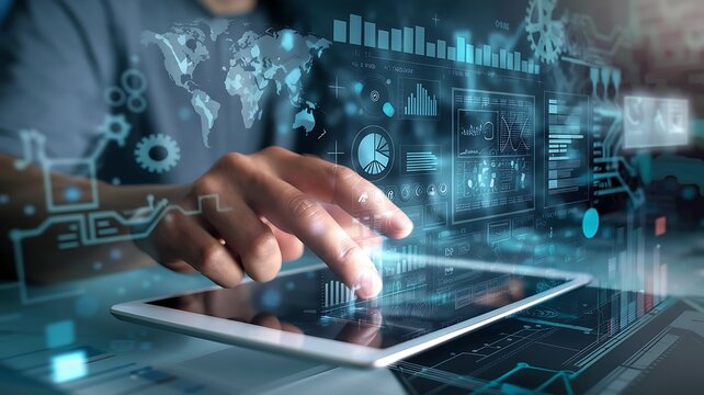 Data science. Man programmer using digital tablet computer analyzing and develop software on futuristic virtual interface screen. Algorithm. digital marketing, big data analysis and management