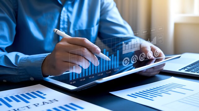 An analyst uses a computer and a dashboard for business data analysis, along with a data management system featuring KPIs and metrics connected to the financial database.