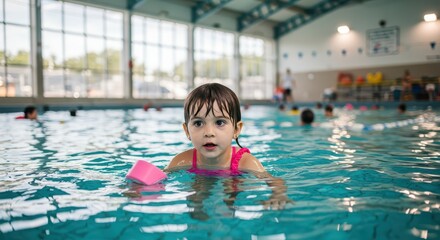 Young child concentrates while participating in an indoor swimming lesson with other people present