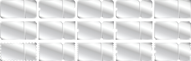 Luxury metallic silver ticket design with shiny foil finish. Elegant vector artwork for marketing materials.