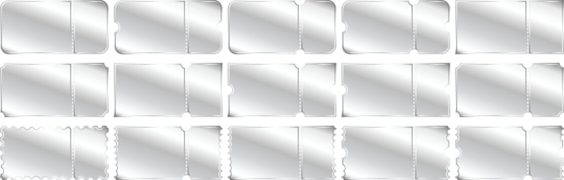 Luxury metallic silver ticket design with shiny foil finish. Elegant vector artwork for marketing materials.