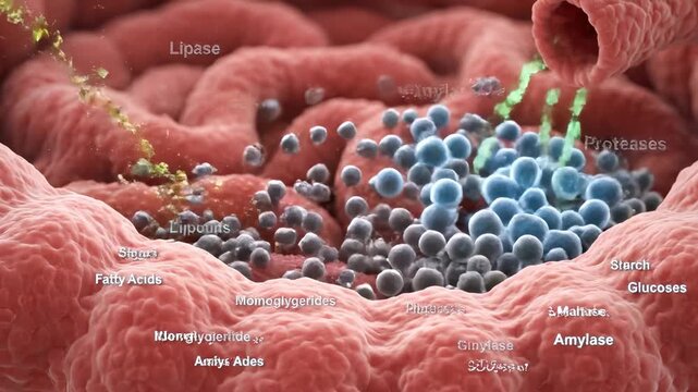 Detailed animation sequence illustrating the digestive process, showcasing the interaction of bile and enzymes breaking down fats in the intestinal environment