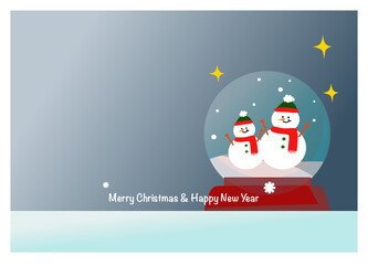 Christmas card: the cute family of snowman in the glass ball 