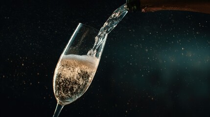 Sparkling champagne being poured into a crystal flute glass, creating bubbles and splashes, with a blurred dark background enhancing the celebratory atmosphere
