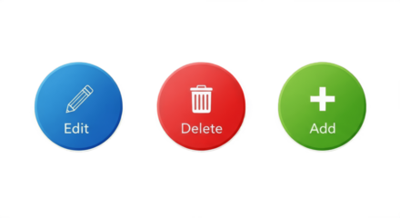 Set of three different buttons — edit, delete, and add isolated on white background, modern web and app UI elements representing content management, user actions, and digital interface design for onli