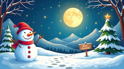 Festive snowman and christmas tree under a full moon in snowy mountains