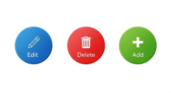 Set of three different buttons — edit, delete, and add isolated on white background, modern web and app UI elements representing content management, user actions, and digital interface design for onli
