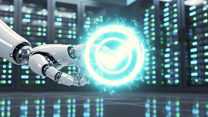 A robotic hand touches a glowing checkmark in a server room, symbolizing confirmation - Powered by Adobe