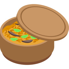 Japanese Rice Bowl With Mushrooms and Green Leaves In Isometric View On Transparent Background