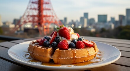 A fresh and delicious waffle with red berries and cream makes a tempting sweet dessert at an outdoor restaurant with blurred Tokyo Tower in the background
