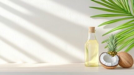 Oil A bottle of premium coconut oil beside fresh tropical fruits on a bright kitchen counter.