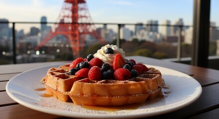 A fresh and delicious waffle with red berries and cream makes a tempting sweet dessert an outdoor restaurant with blurred Tokyo Tower in the background