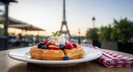 delicious waffle with berries and cream in an outdoor restaurant with Eiffel Tower in the background