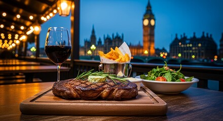 Grilled lamb chops and salad vegetables make a gourmet dinner plate with Big Ben at night in the background 