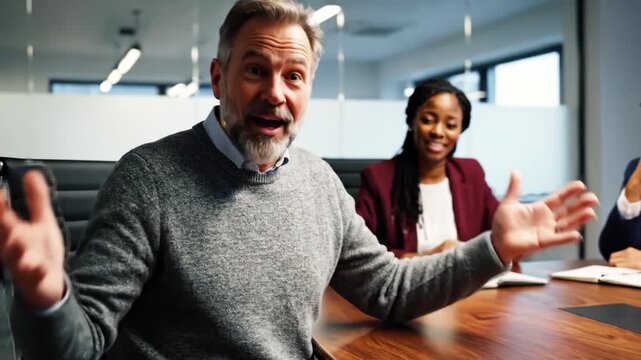 Business meeting in a modern office with three professionals discussing ideas and plans