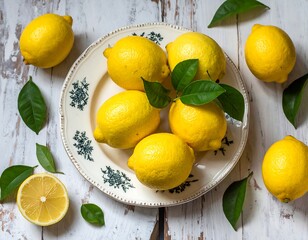 Overhead shot of lemons on a plate, and scattered around green leaves