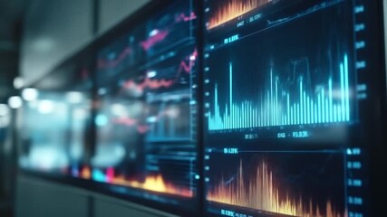 A modern control room showcasing multiple large screens displaying dynamic data visualizations and analytics, with a focus on technology and information processing in a high-tech environment - Powered by Adobe