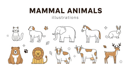 A collection of cute mammal animal illustrations in a simple line art style, including a cat, dog, elephant, horse, and lion.