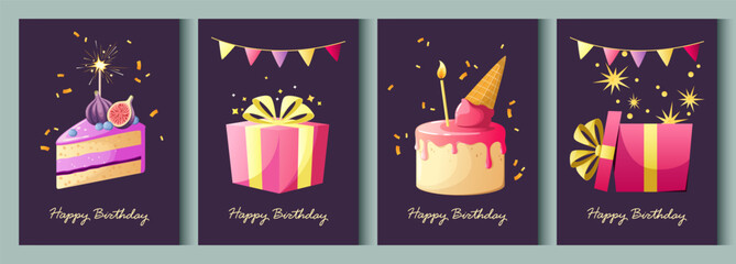 Happy Birthday. Set of colored greeting cards with candles, cake, and flags. Vector illustration.