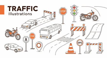 A collection of line art illustrations depicting various traffic and transportation elements like vehicles and road signs.