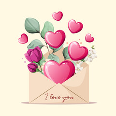 An envelope with hearts and flowers. I love you. A Valentine's Day greeting card. Vector.