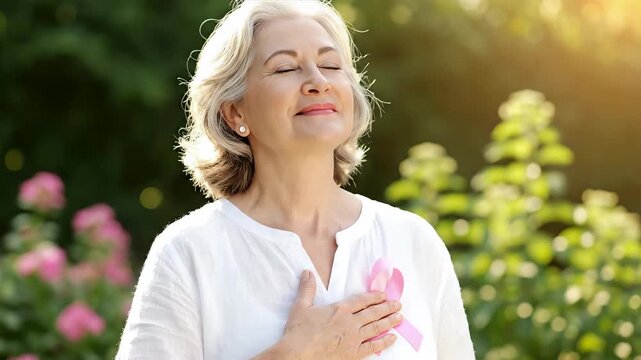 Older Woman Holding Pink Ribbon Near Heart In Gentle Light
