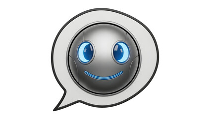 Friendly futuristic robot face inside a speech bubble for tech support and AI communication, a modern icon for chatbots and virtual assistants