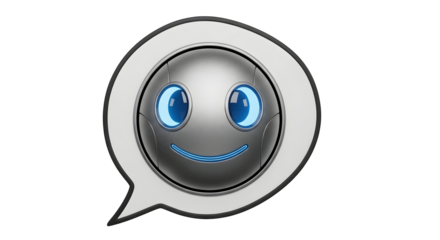 Friendly futuristic robot face inside a speech bubble for tech support and AI communication, a modern icon for chatbots and virtual assistants