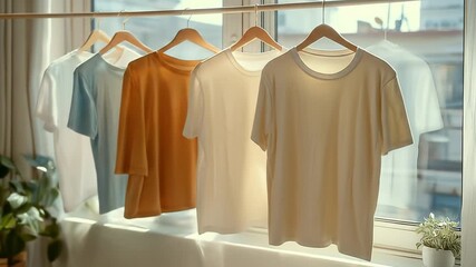 A collection of colorful t-shirts hanging on wooden hangers in a sunlit room, showcasing a warm and inviting atmosphere with soft natural light filtering through the window - Powered by Adobe