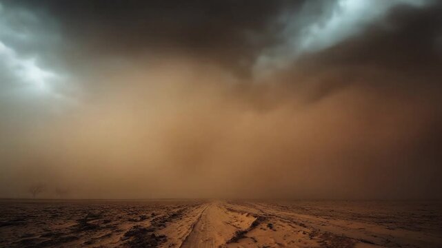 A dramatic dust storm rolls across a barren landscape, with dark clouds looming overhead, creating an ominous atmosphere, while sparse trees stand resilient in the distance