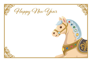 木馬とゴールドフレームの年賀状2026年／シンプルでエレガントな横型テンプレート