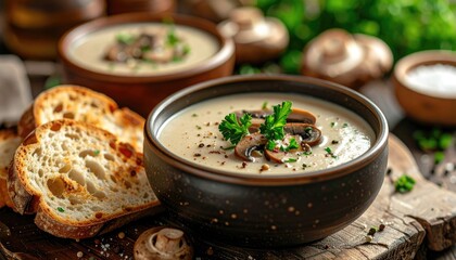 Creamy Mushroom Soup Garnished with Parsley and Black Pepper Served with Sliced Bread on a Wooden Board