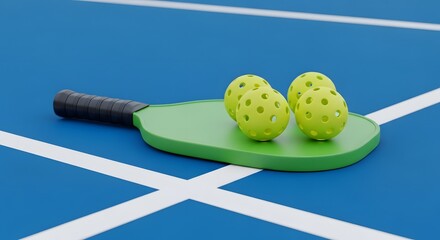 Green pickleball paddle and four yellow perforated balls resting on a vibrant blue court with white boundary lines