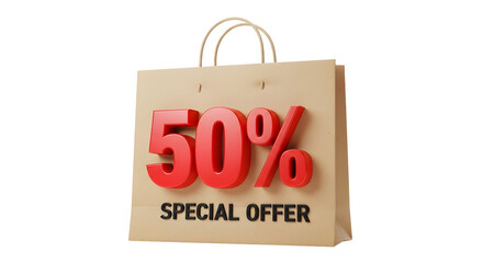 Grab 50% savings with this special offer, a shopping bag promoting discounts and savings for retail promotions and deals during shopping events