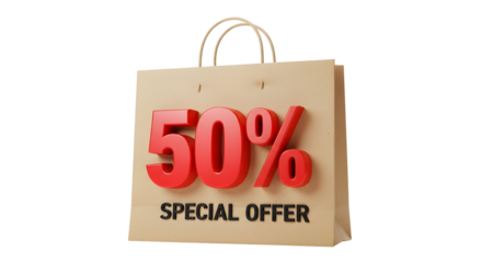 Grab 50% savings with this special offer, a shopping bag promoting discounts and savings for retail promotions and deals during shopping events