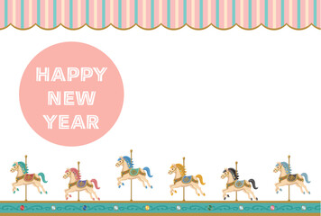 パステルカラーの木馬とストライプのメリーゴーランドの横型デザイン年賀状テンプレート