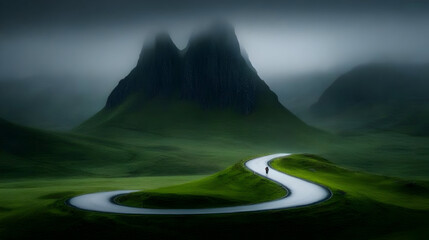 Mountain biker riding through rough mountain landscape of Quiraing, Scotland
