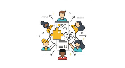 Business collaboration team members connected by puzzle pieces, charts, and gears, representing teamwork, strategy, and progress