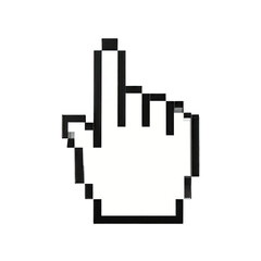 Pixeled hand cursor pointing upward on a black backdrop