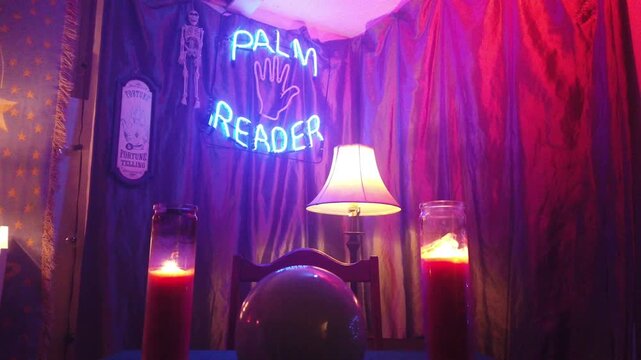 The interior of a psychic palm reader, fortune teller room, with a electric crystal ball, neon lights, candles and various spiritual materials. Handheld shot slowly moving around the room.
