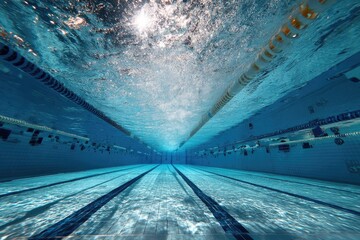 Underwater view of a swimming pool lane.  Sunlight beams through the water