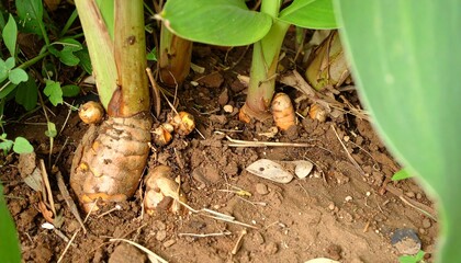 Turmeric Plants Growing in Soil: Agriculture and Herbal Medicine Concept