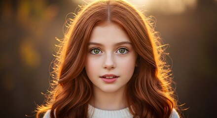 Portrait of a Beautiful Red-Haired Girl with Green Eyes.